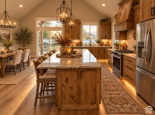 Lovely kitchen featuring a large central island with stone-finish countertops, custom stained wood cabinetry, vaulted ceiling, & stainless steel appliances. Sorry there are no under cabinet lights, AI gives you a great idea though of what you can make hap