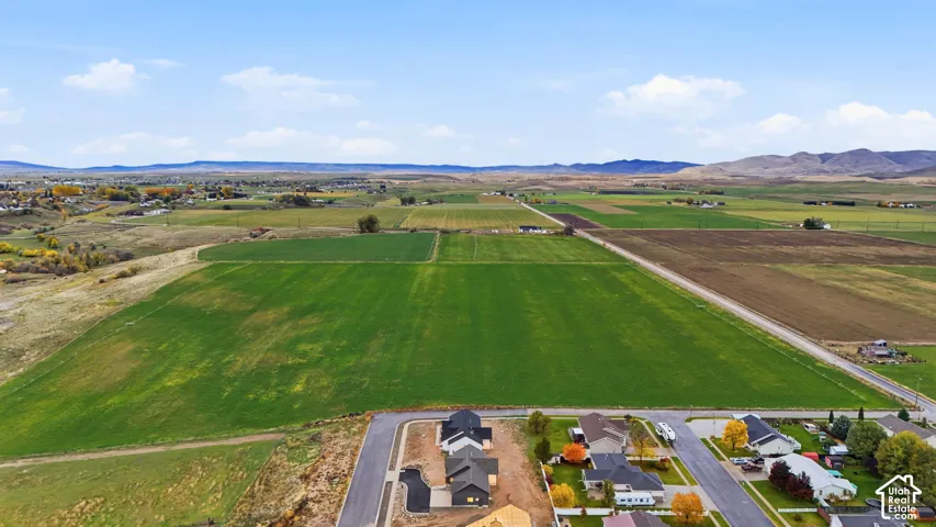 Expansive acreage featuring cleared agricultural land, mountain silhouettes, and paved street access