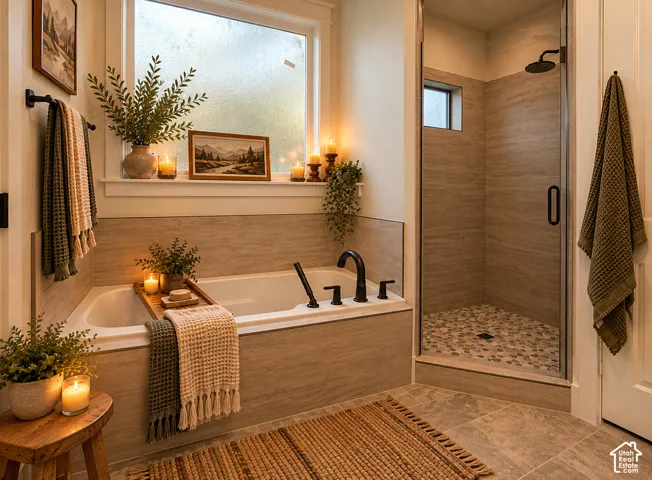 Soaking tub with a deck-mounted faucet and tiled surround, separate walk-in shower with stone tile flooring, and oversized window for natural light