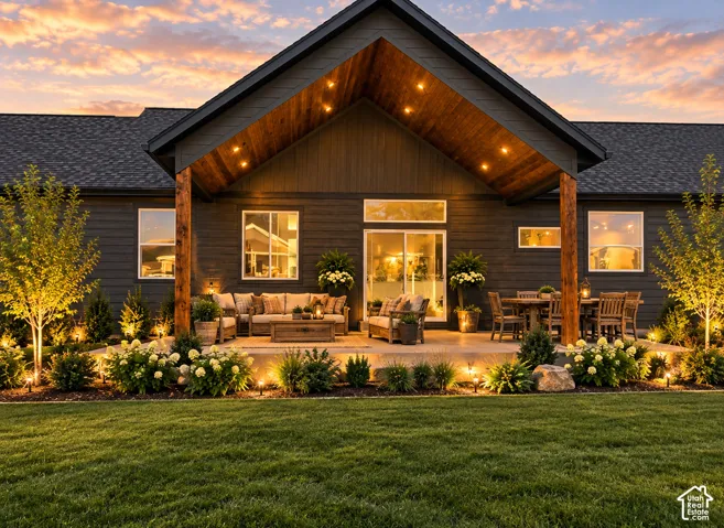 Covered outdoor patio with wood-paneled gable ceiling, exposed timber support beams, recessed lighting, and hardscaped concrete flooring