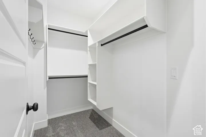 Walk-in closet featuring white built-in shelving, multi-level clothing rods with black finish, wall-mounted hook hardware, and wall-to-wall carpeted flooring