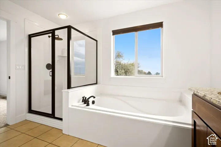 Walk-in shower with black-frame glass enclosure, deep soaking tub, and vanity with stone-style countertop