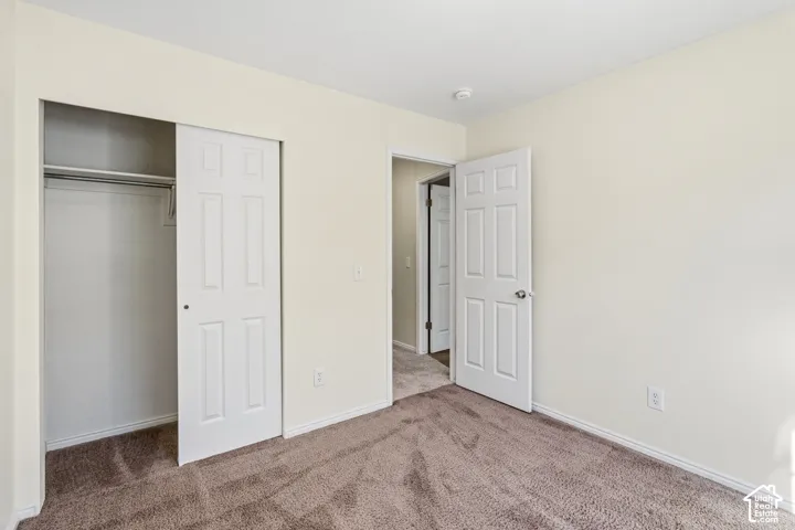 Neutral-toned carpeting, six-panel interior doors, and a built-in closet with overhead shelving