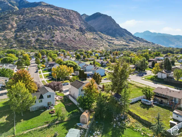 Aerial perspective featuring expansive residential lots, mature trees, and a mountain range backdrop