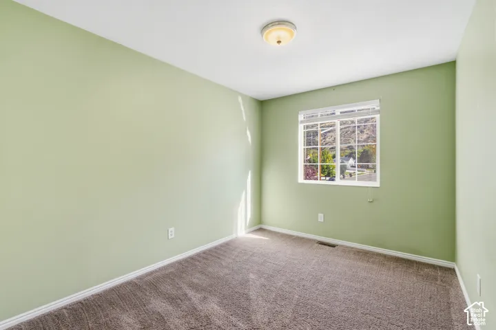 Neutral-toned interior room featuring wall-to-wall carpeting, a multi-pane window with custom blinds, and a central flush-mount ceiling fixture