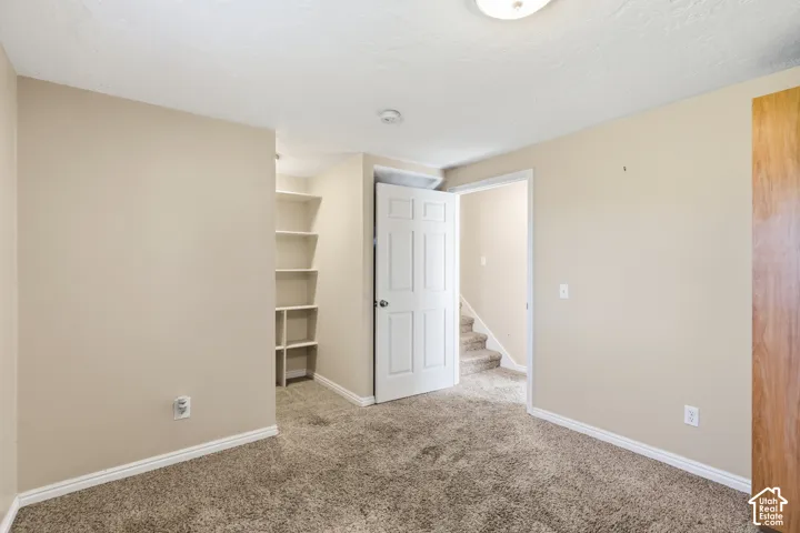 Neutral-toned room featuring wall-to-wall carpeting, built-in recessed shelving, and a six-panel interior door
