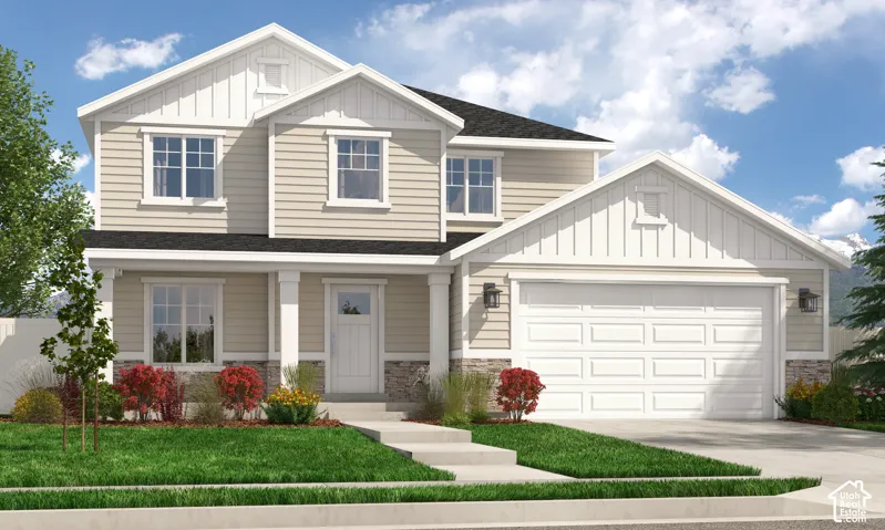Two-story exterior featuring lap siding, vertical board-and-batten gables, stone veneer accents, a covered front porch, and an attached two-car garage