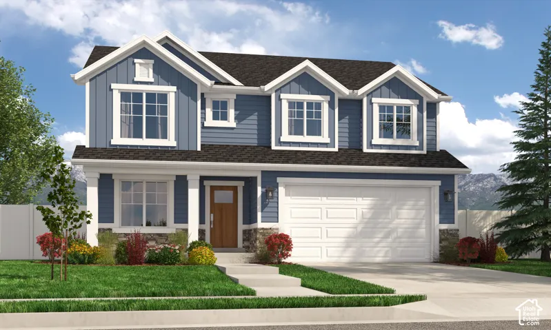 Two-story residence featuring blue vertical and horizontal siding, stone veneer accents, three gabled roof dormers, and a two-car garage