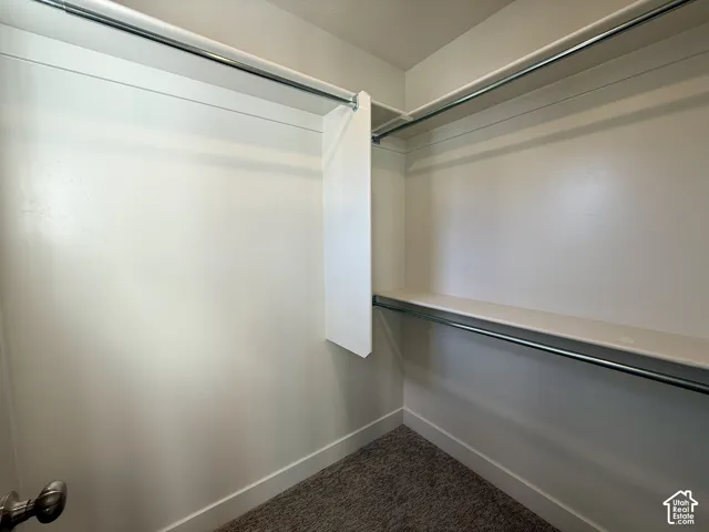 Walk-in closet featuring multi-level metal garment rods, white composite shelving, and neutral-tone carpeting