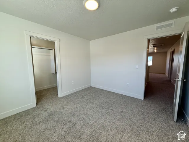 Neutral-toned carpeting, crisp white wall finishes, and a walk-in closet with built-in shelving