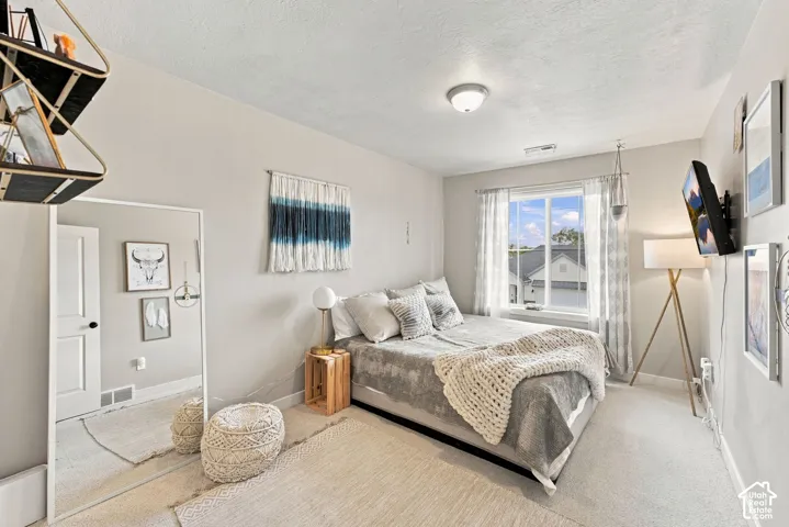 Neutral-toned bedroom featuring carpeting, a sliding-door mirrored closet, and a large window providing natural light