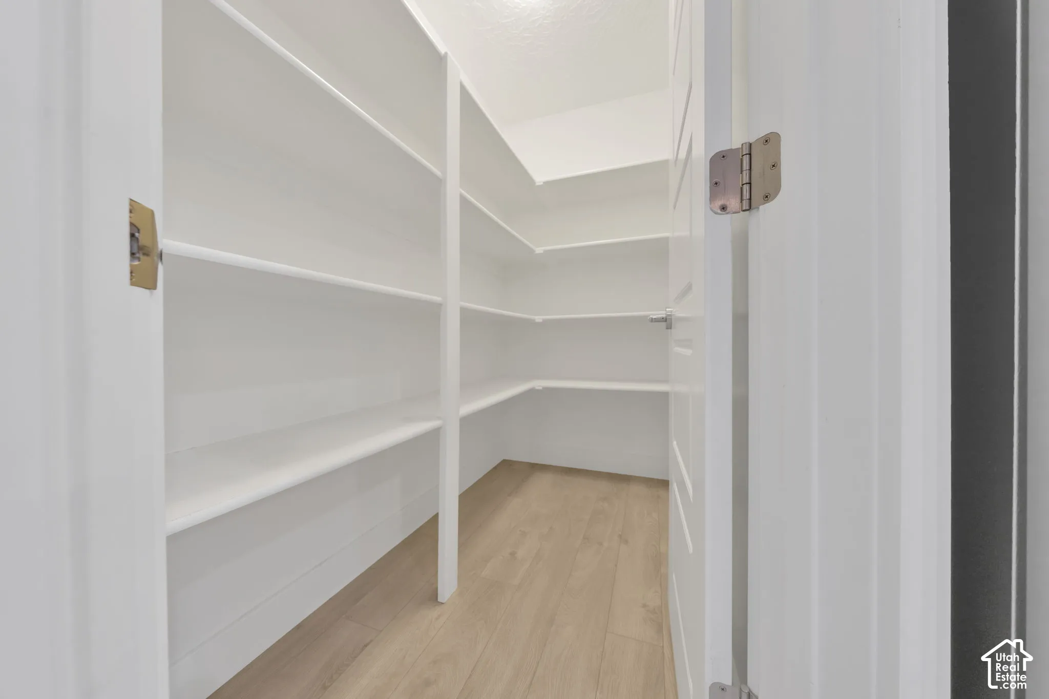 Walk-in storage space featuring multi-tiered white shelving, wood-finish flooring, and a paneled door