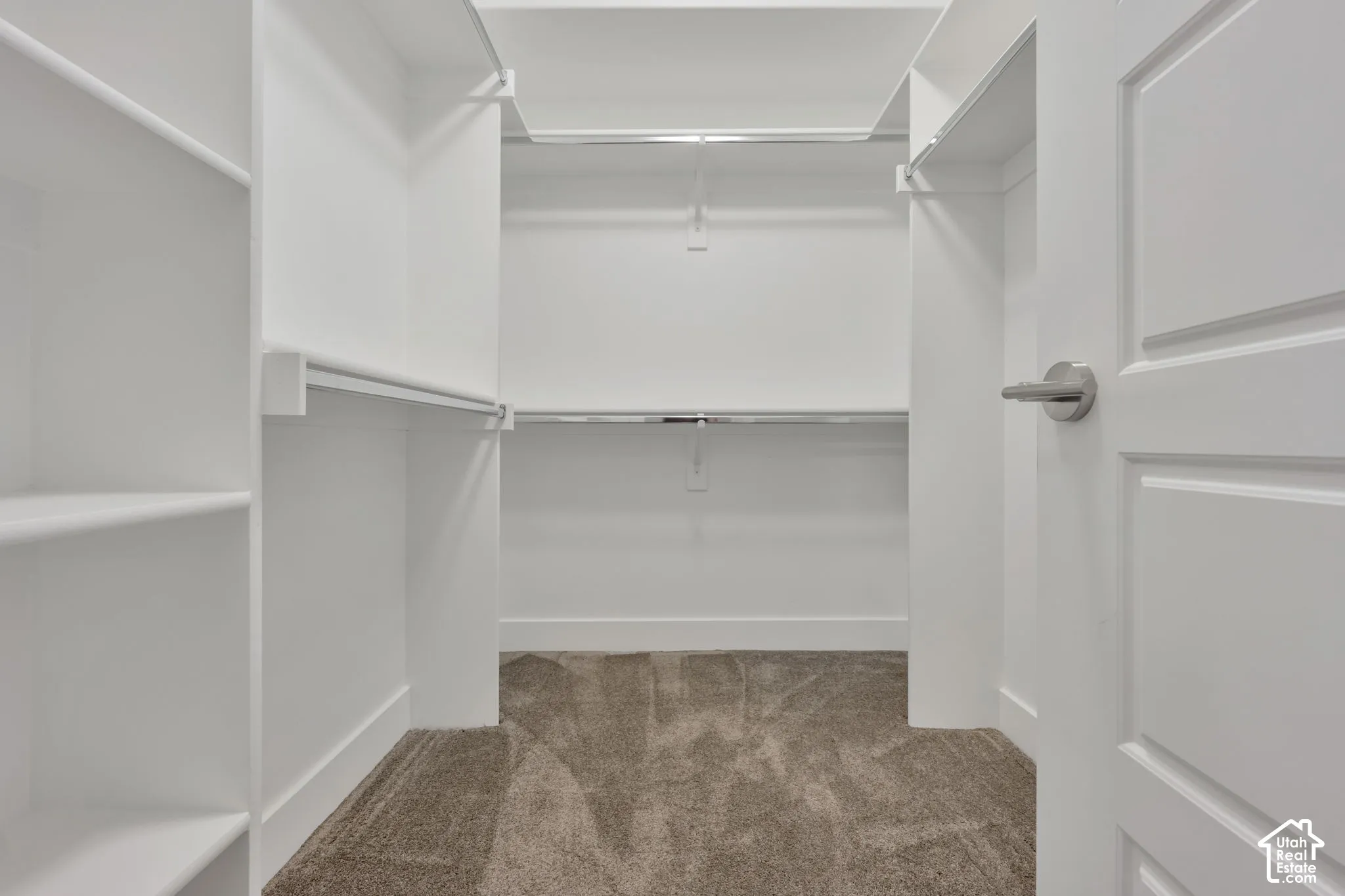 Walk-in closet featuring white built-in shelving, integrated hanging rods, wall-to-wall carpeting, and a solid-core panel door with a brushed nickel lever handle