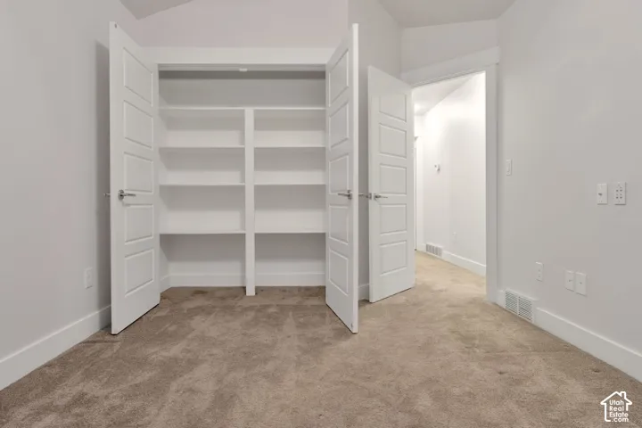 Built-in storage closet featuring multi-level shelving, four-panel doors, neutral carpeting, and interior lighting
