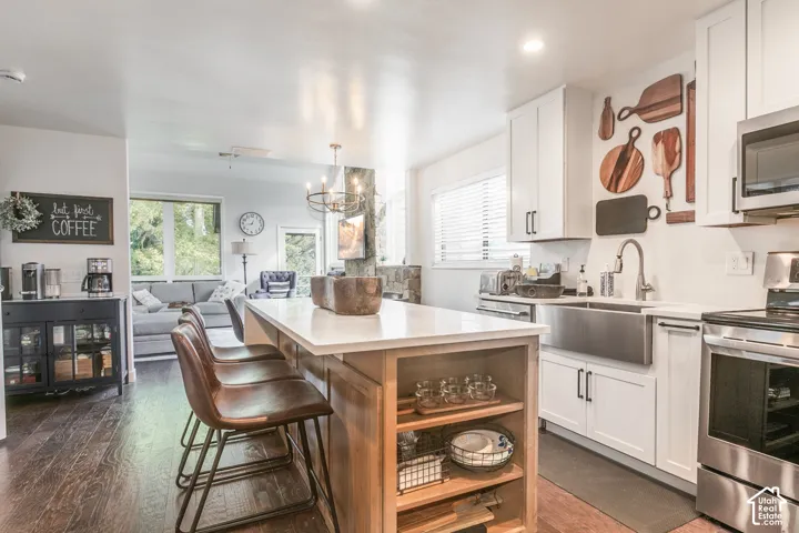 Kitchen island with countertop seating, stainless steel farmhouse sink, white cabinetry with black hardware, stainless steel appliances, and wood-finish flooring
