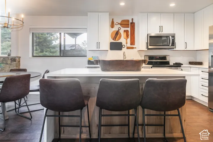 Modern kitchen featuring a central island with counter seating, stainless steel appliances, white cabinetry with dark hardware, and wood-finish flooring