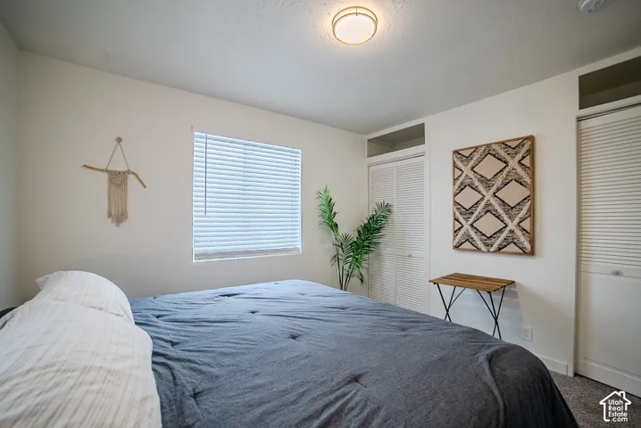 Bedroom featuring neutral walls, carpeting, dual louvered-style closets with overhead storage cabinetry, and a flush-mount ceiling light fixture