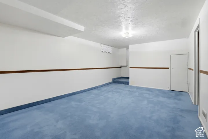 Interior room featuring blue carpeting, neutral walls, decorative wood-trim chair railing, a flush-mount ceiling light fixture, and an interior door