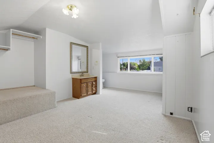 Neutral carpeting throughout, wooden vanity with stone-finish countertop, framed wall mirror, multi-light ceiling fixture, and built-in closet storage