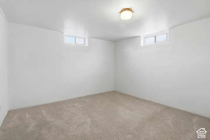 Neutral-toned wall-to-wall carpeting, white walls, dual sliding windows, and a flush-mount ceiling light fixture