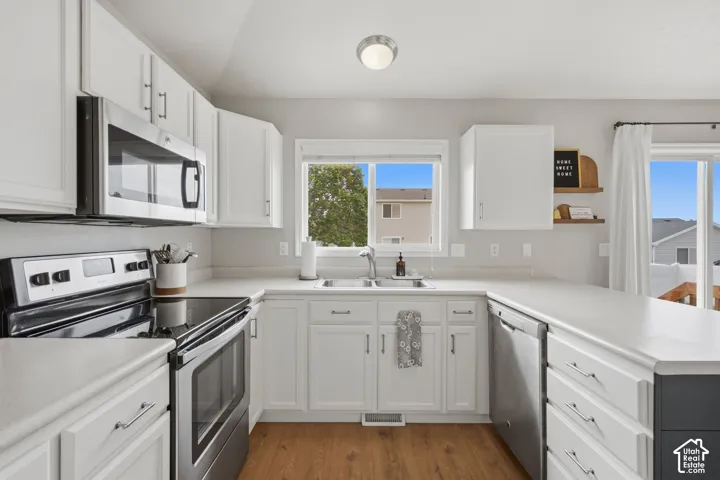Kitchen featuring white shaker-style cabinetry, stainless steel appliances, solid-surface countertops, dual-basin sink, and wood-finish flooring