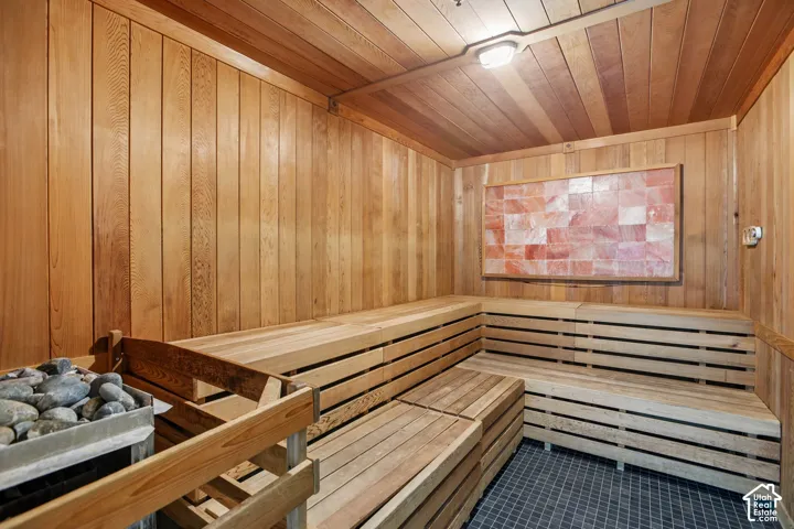 Sauna featuring wood-paneled walls and ceiling, tiered wood benches, a rock heater, and a decorative Himalayan salt block panel