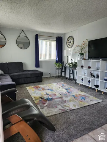 Living area featuring vertical wall paneling, wall-to-wall carpeting, and a rectangular window with vertical blinds