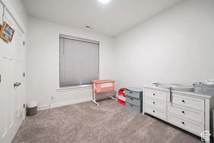 Interior room featuring neutral wall paint, plush carpeting, a multi-panel door with metallic hardware, and a window with horizontal blinds