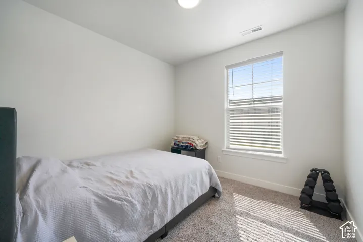 Neutral-toned wall paint, plush carpeting, and a large window featuring horizontal blinds