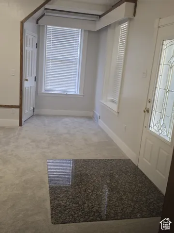 Entryway featuring neutral carpeting, a stone-finish flooring inlay, and an exterior door with decorative glass paneling