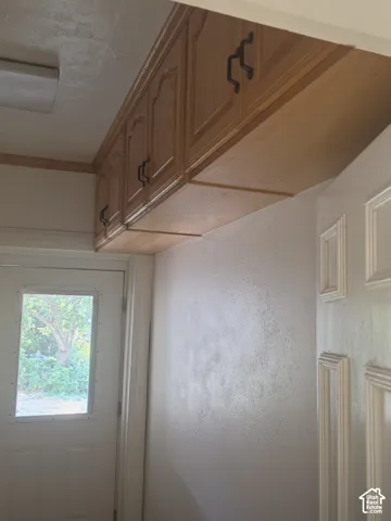 Wall-mounted wood cabinetry with raised-panel doors and matte black hardware, accompanied by a white door featuring a glass pane
