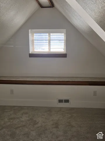 Vaulted ceiling featuring a built-in recessed shelf with wood-trim finish and a centered rectangular window