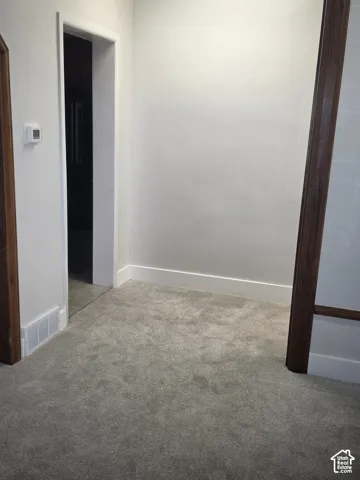 Neutral carpeting, dark wood-finish trim, and interior door frame