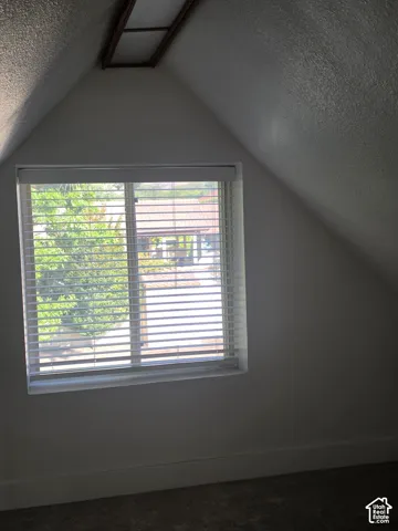 Vaulted ceilings featuring textured finish, inset window with horizontal blinds, and integrated flush-mount overhead lighting