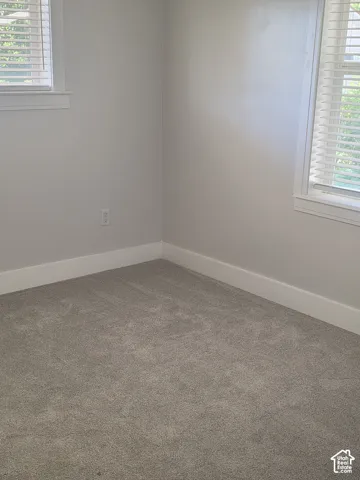 Neutral-toned interior featuring wall-to-wall carpeting, dual windows, and fitted horizontal blinds