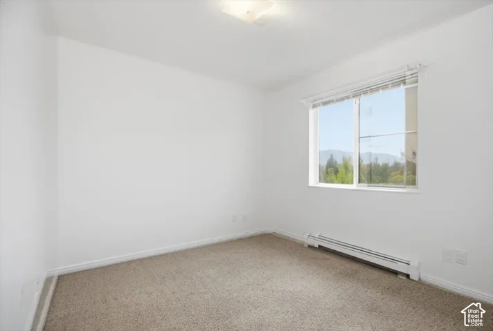 Neutral-toned carpeting, high-gloss white walls, single-pane sliding window with horizontal blinds, and a flush-mount ceiling light fixture