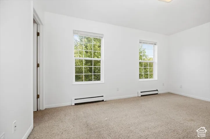 Neutral-toned carpeted flooring, white wall finishes, and two double-hung windows with grid muntins