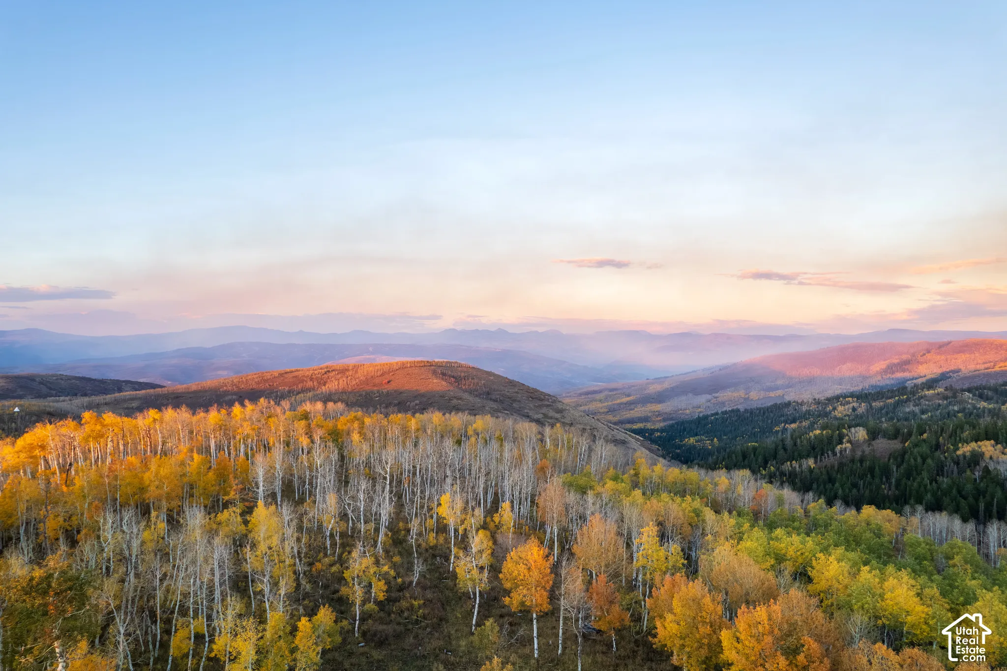 Expansive natural landscape featuring rolling hills, dense forest, and mountain topography