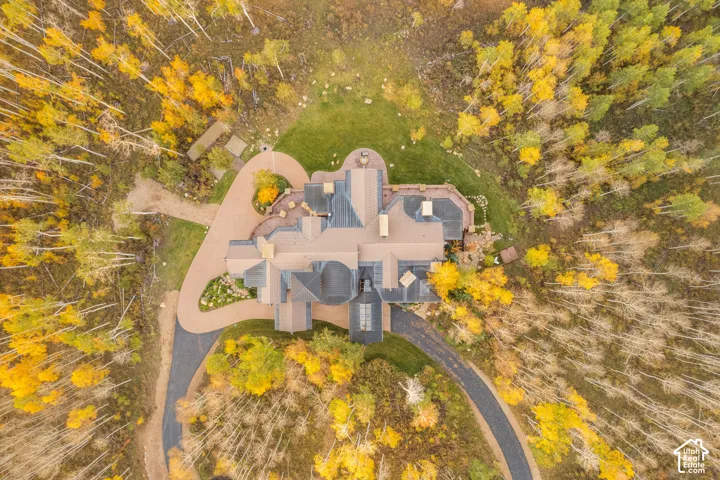 Aerial perspective featuring a multi-gabled roofline, expansive paver driveway, integrated stone hardscaping, and surrounding mature aspen woodland