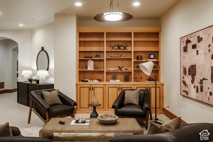 Built-in natural wood shelving unit featuring integrated lower cabinetry, recessed lighting, and wall-to-wall carpeting