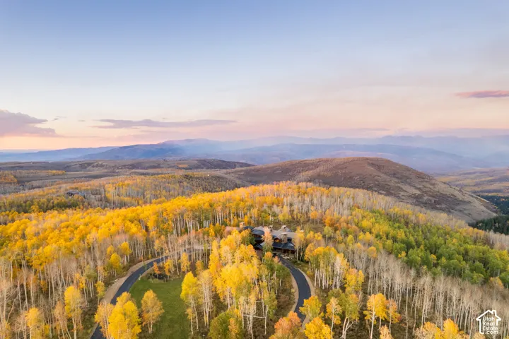 Aerial perspective featuring a hillside estate surrounded by expansive woodland, a paved circular driveway, and a backdrop of mountain ranges