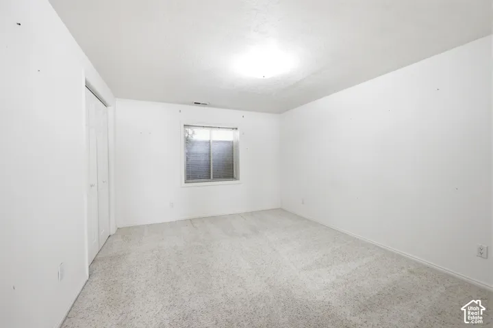 Neutral-toned wall-to-wall carpeting, white walls, flush-mount ceiling lighting, and a dual-panel closet door