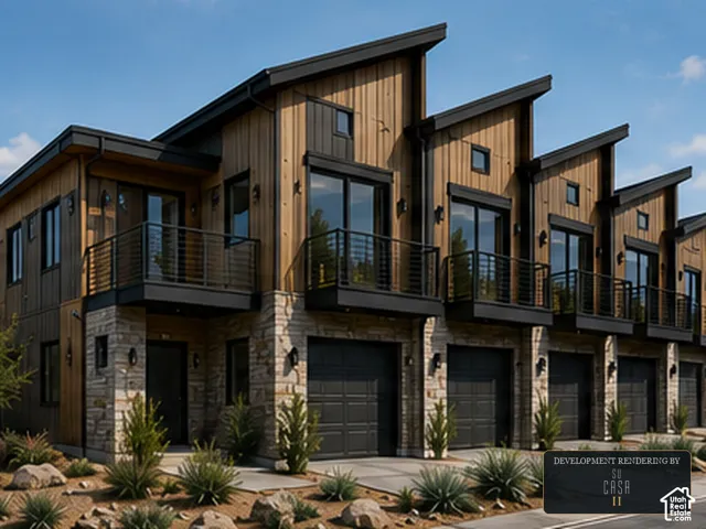 Modern multi-unit exterior featuring shed rooflines, vertical wood-finish siding, stone masonry accents, second-story metal railings, and private garage entries