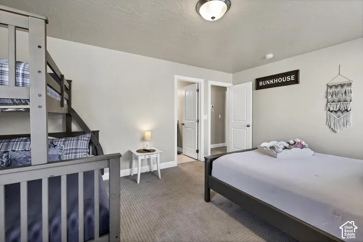 Neutral-toned interior space featuring textured wall-to-wall carpeting, two interior doorways with paneled doors, and a flush-mount overhead ceiling light fixture