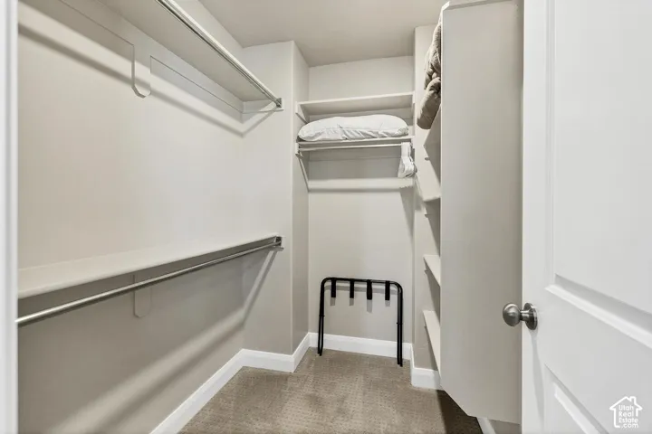 Walk-in storage space featuring neutral carpeting, tiered shelving, and dual-level hanging rods