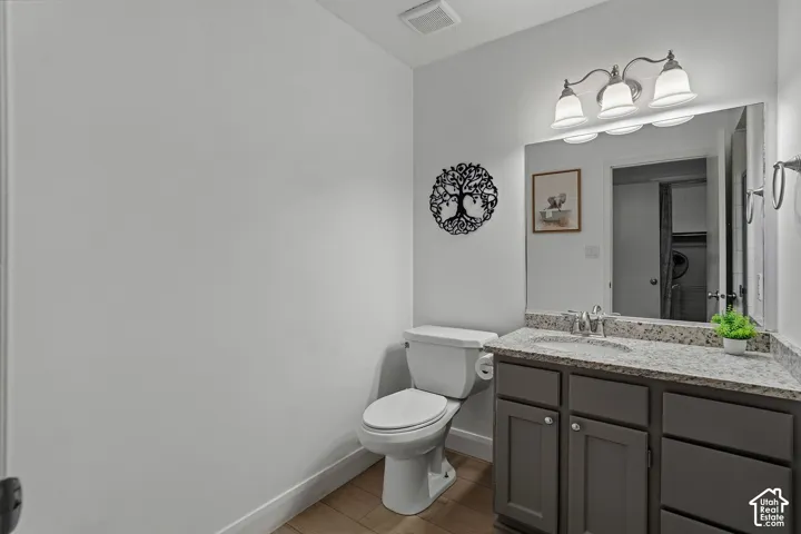 Bathroom featuring charcoal-finish cabinetry, speckled stone countertop, integrated sink, three-light polished chrome vanity fixture, and wood-finish flooring