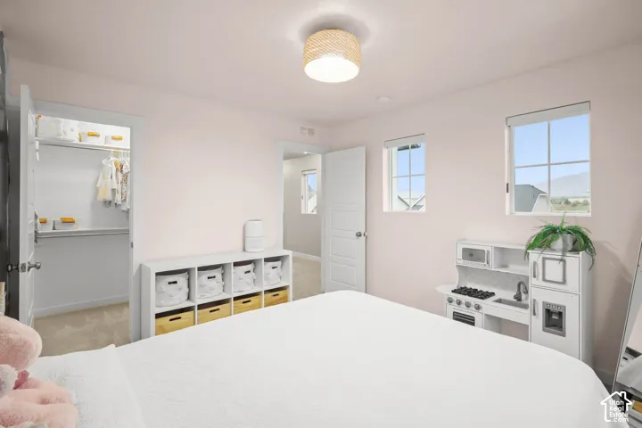Room featuring neutral wall paint, two dual-pane windows with grid detailing, neutral carpeting, a walk-in closet with built-in shelving, and a woven drum light fixture