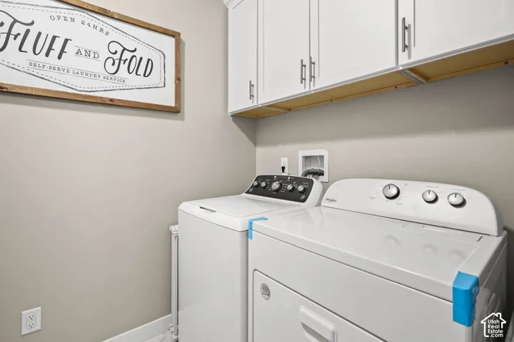 Laundry area featuring shaker-style upper cabinetry with brushed nickel hardware and dedicated utility connections