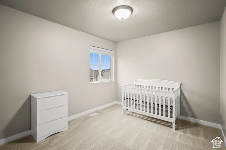 Neutral interior room featuring neutral-toned carpeting, a single-hung window, and a flush-mount ceiling light fixture