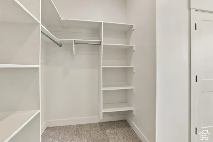 Custom walk-in closet featuring white built-in shelving, dual hanging rods, and neutral carpeting